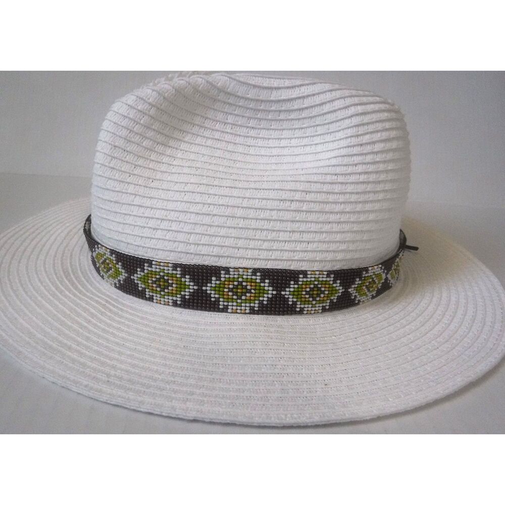 Beaded Hat Band Brown, White, Green, & Tan w/ Leather